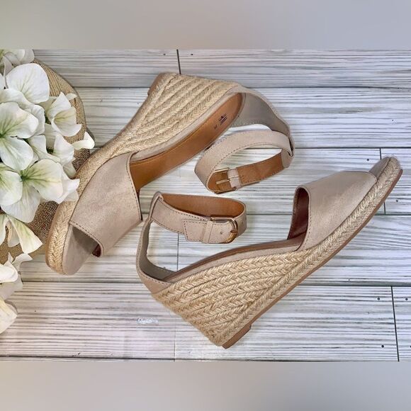 H&M Beige Espadrille Wedge Open Toe Faux Suede Sandals S:7.5 - Picture 7 of 9